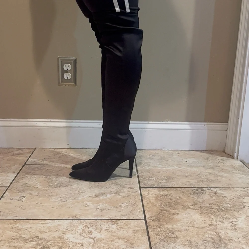 Nine West Elegant Black Satin-like Over the Knee Boots